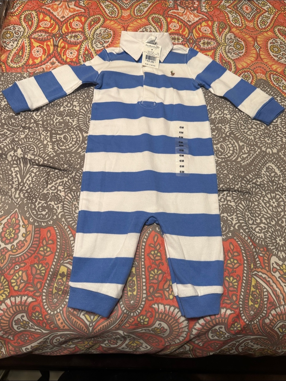 NWT Polo by Ralph Lauren Blue & White Striped Baby One Piece